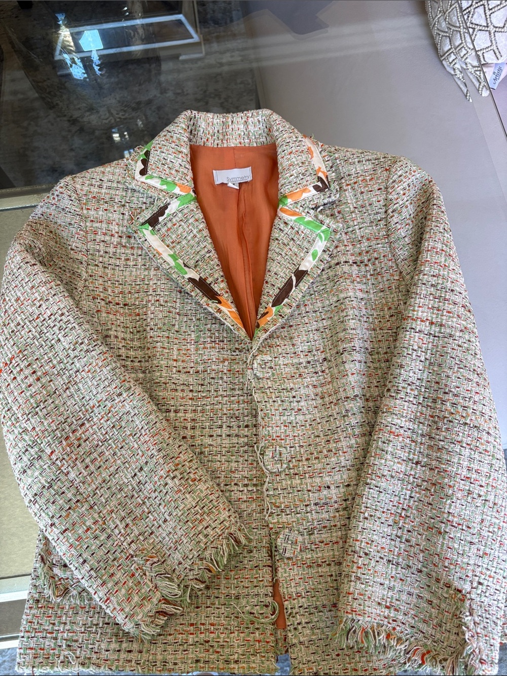 Symmetry Tweed Blazer Jacket in Cream with Orange Lining